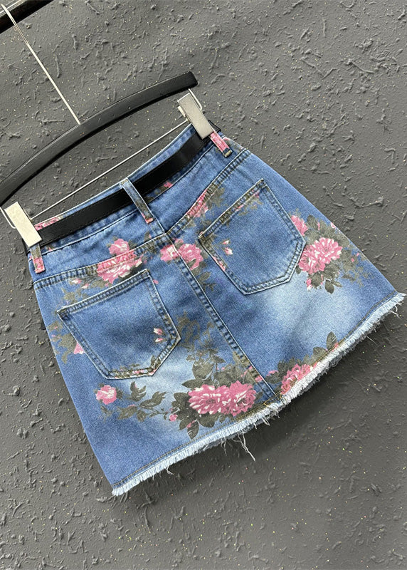 Blue Print High Waist Sashes Skirt Summer