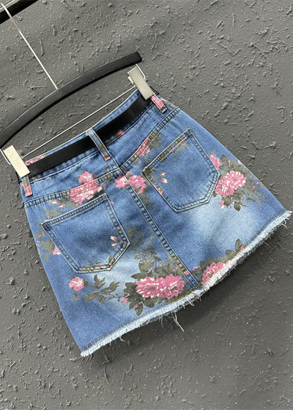 Blue Print High Waist Sashes Skirt Summer