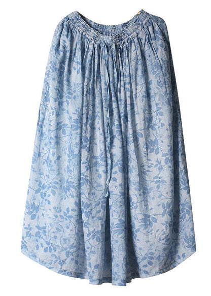 Blue Print Lace Up Elastic Waist Cotton Skirt Spring