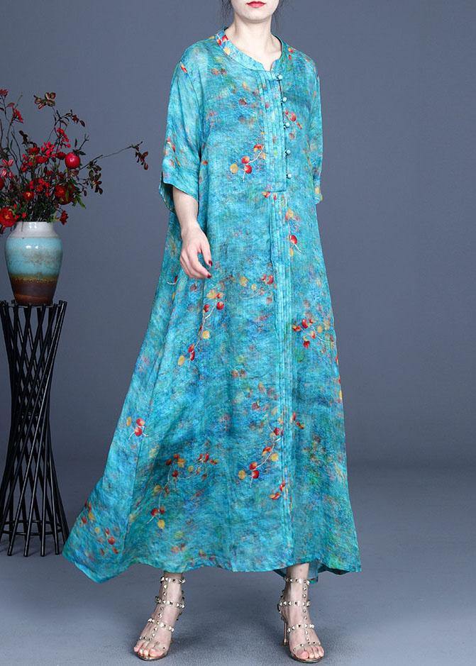 Blue Print O-neck Summer Ramie Long Dress Half Sleeve