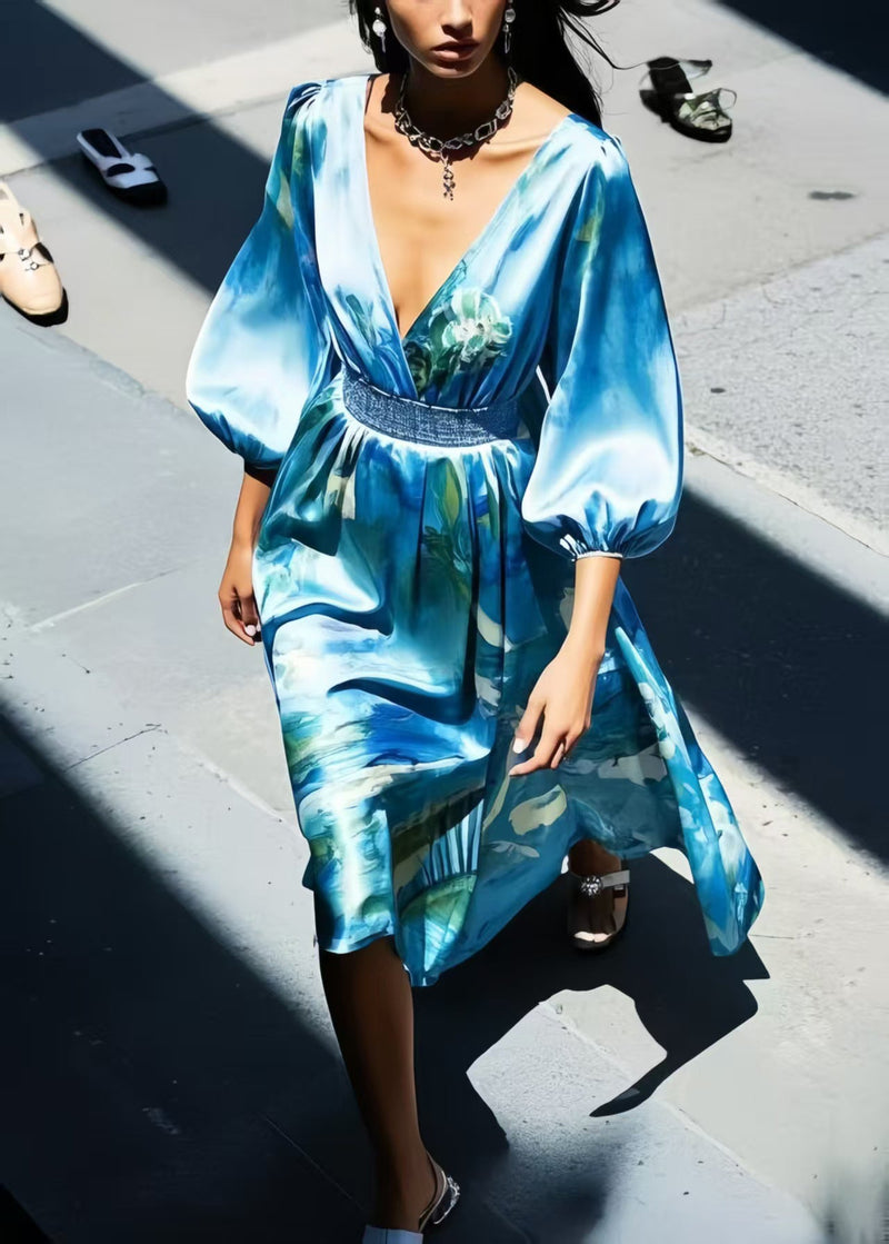 Blue Print Silk Tunic Dress Bracelet Sleeve
