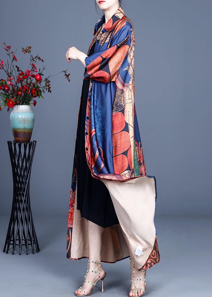 Blue Print Summer Silk Button Cardigan Long