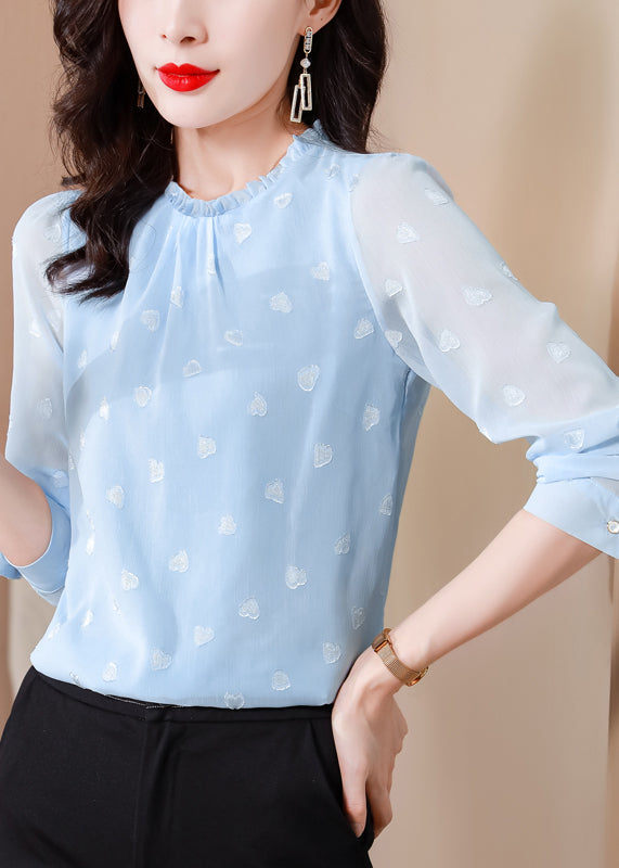 Blue Ruffled Draping Chiffon Shirt Top Spring