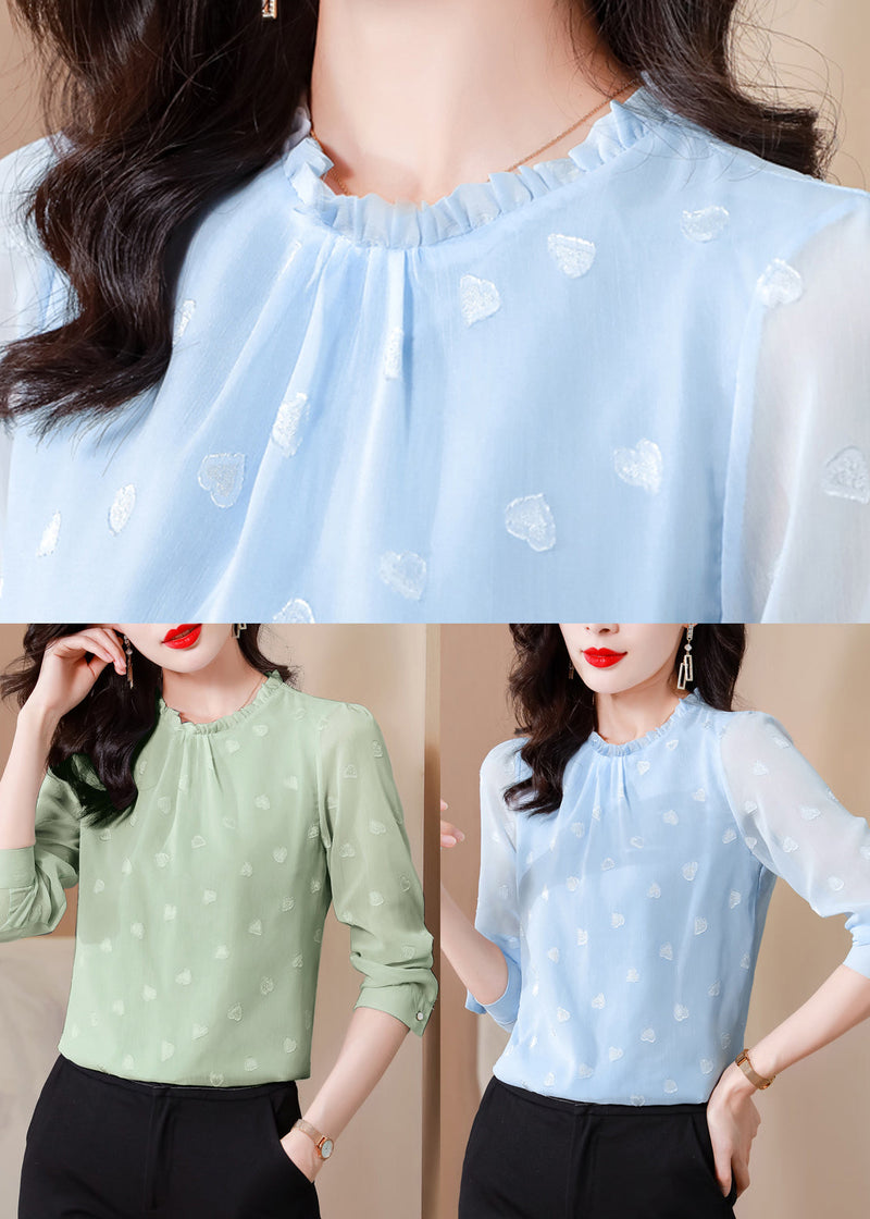 Blue Ruffled Draping Chiffon Shirt Top Spring