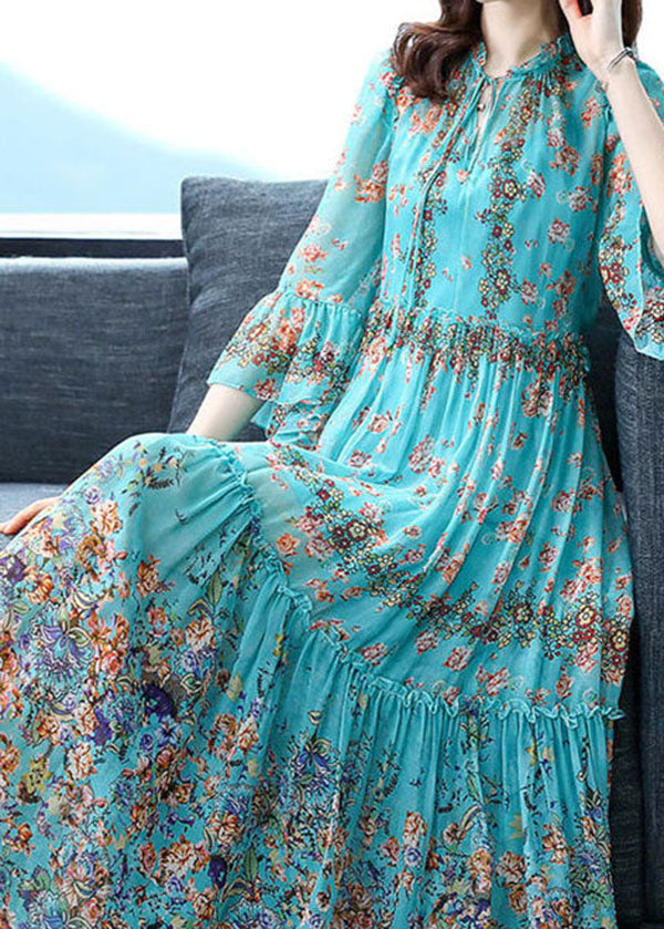 Blue Ruffled Patchwork Print Silk Maxi Dress Flare Sleeve