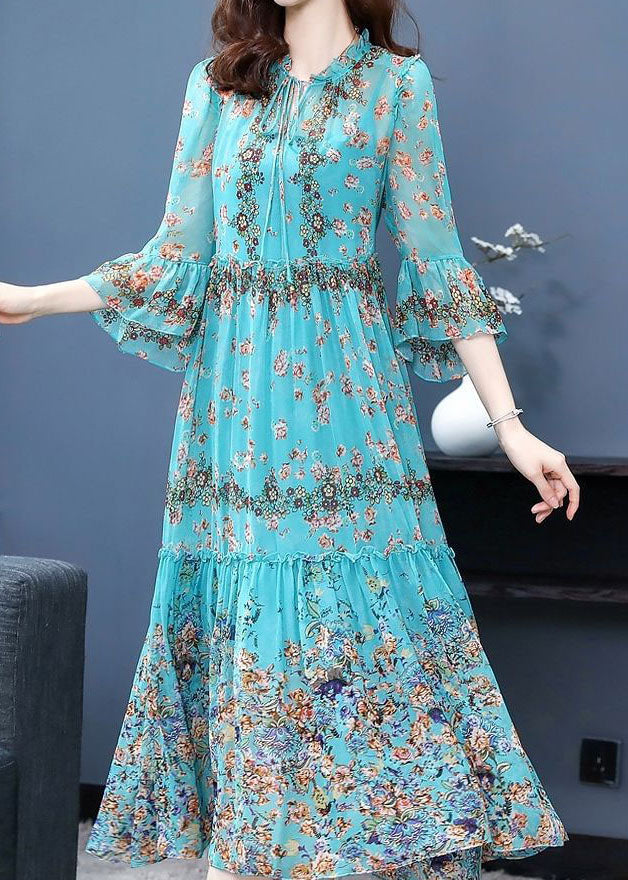 Blue Ruffled Patchwork Print Silk Maxi Dress Flare Sleeve