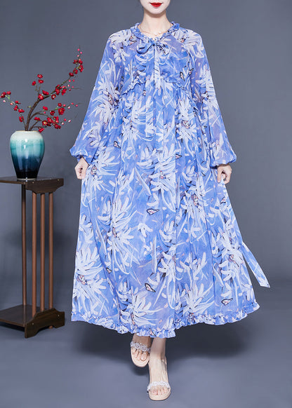 Blue Ruffled Print Exra Large Hem Silk Beach Dresses Lantern Sleeve
