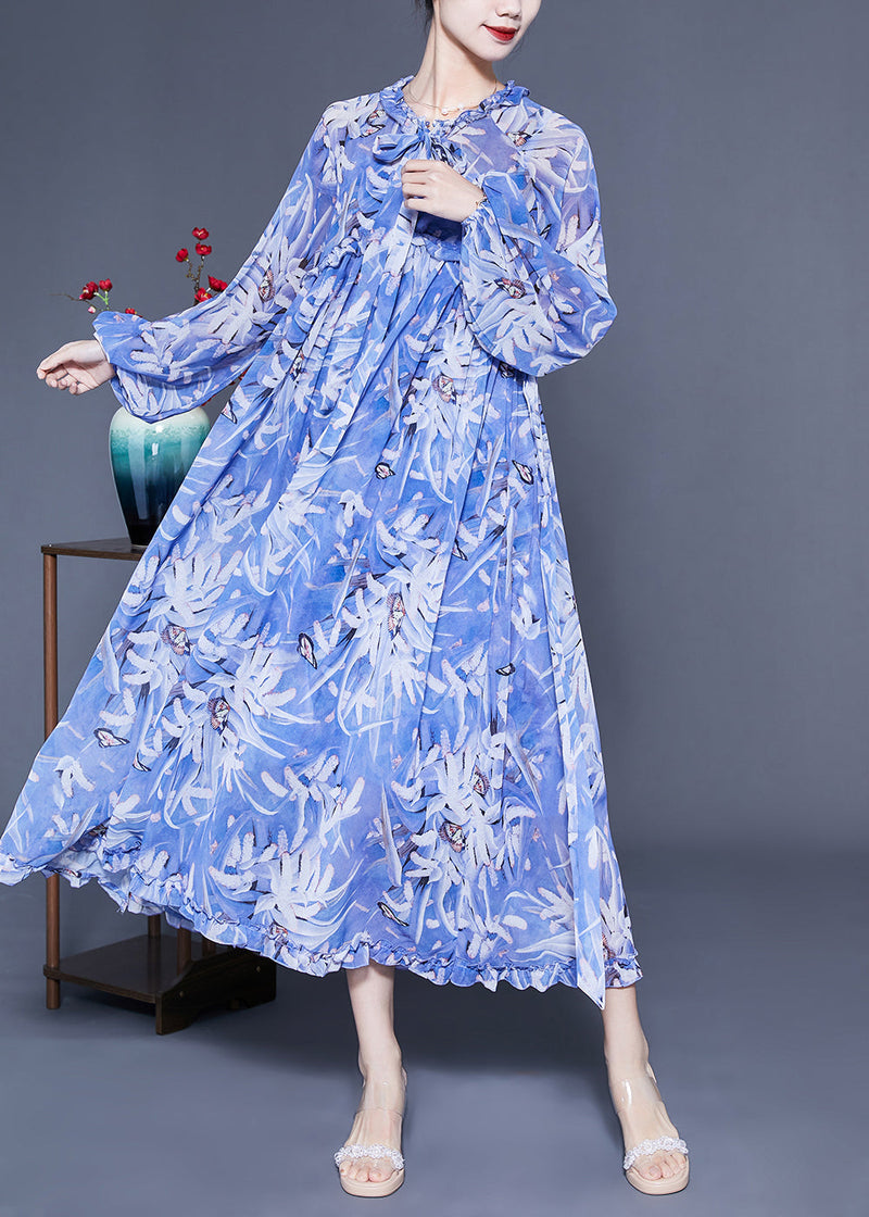 Blue Ruffled Print Exra Large Hem Silk Beach Dresses Lantern Sleeve