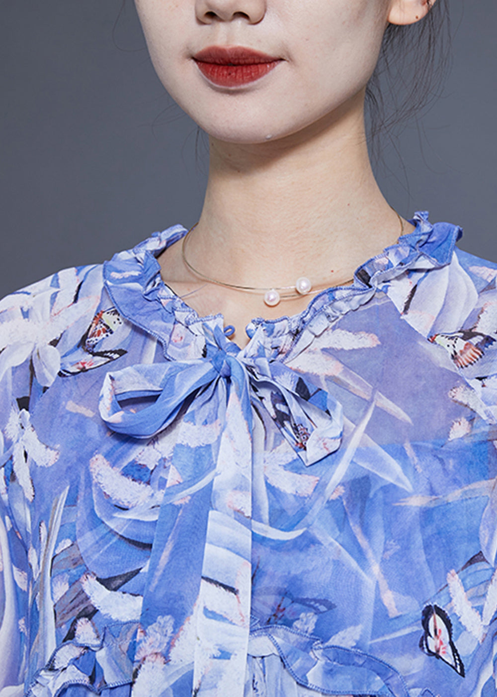 Blue Ruffled Print Exra Large Hem Silk Beach Dresses Lantern Sleeve