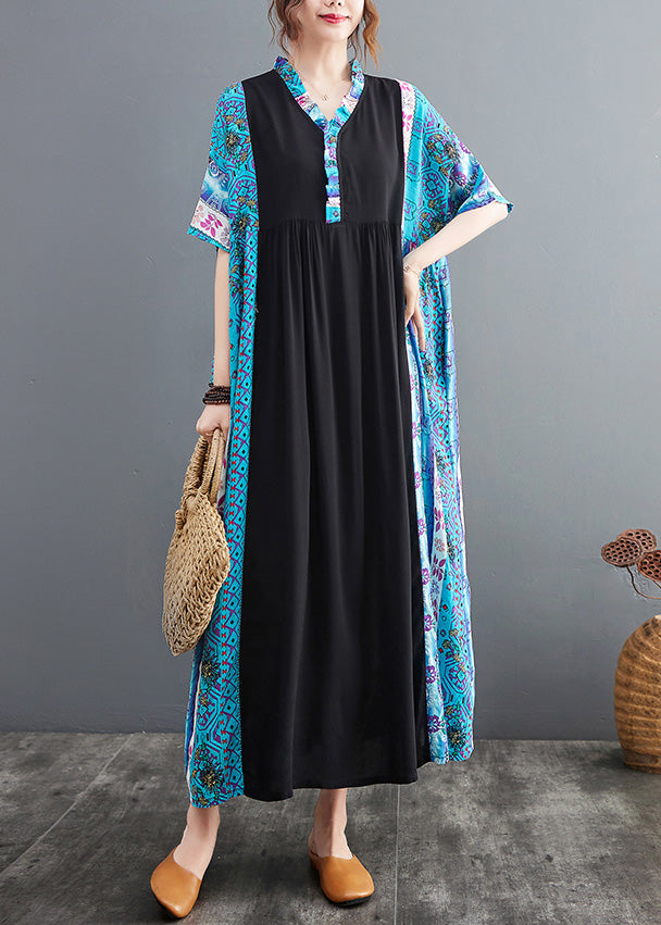 Blue Ruffled Print Patchwork Cotton Exra Large Hem Dress Summer