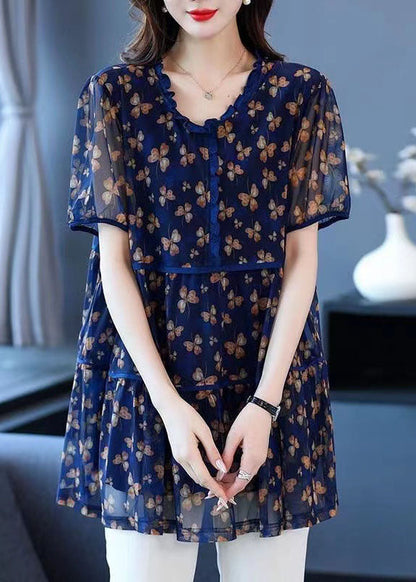 Blue Ruffled Print Patchwork Linen Blouse Tops Summer