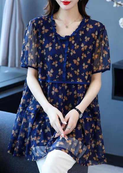Blue Ruffled Print Patchwork Linen Blouse Tops Summer