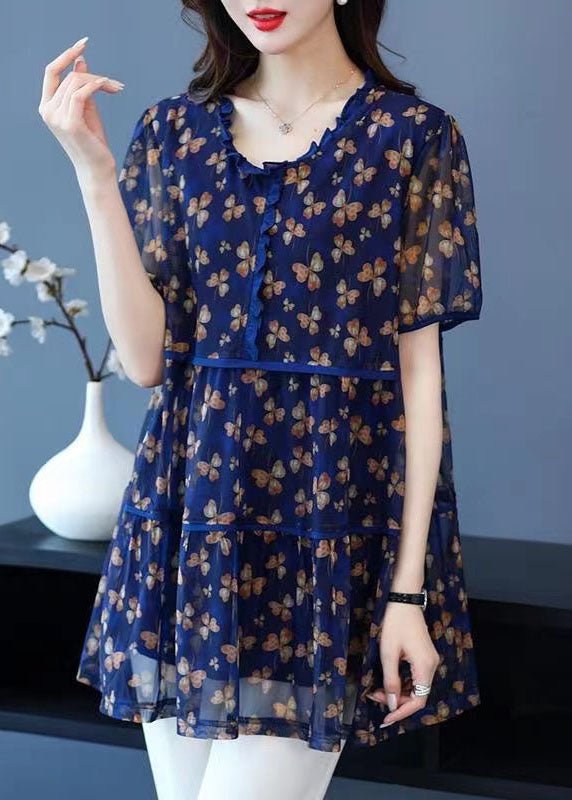 Blue Ruffled Print Patchwork Linen Blouse Tops Summer