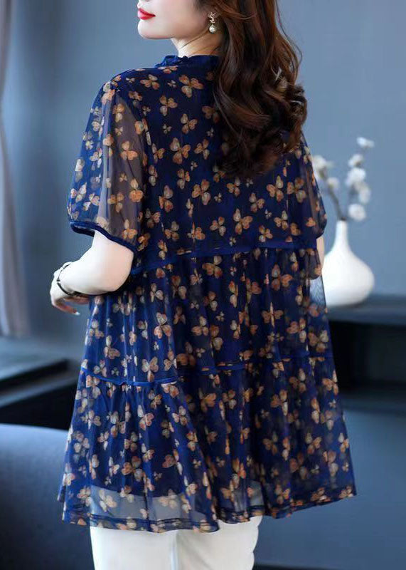 Blue Ruffled Print Patchwork Linen Blouse Tops Summer