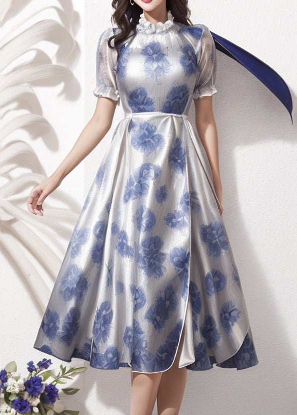 Blue Ruffled Print Silk Dresses Short Sleeve