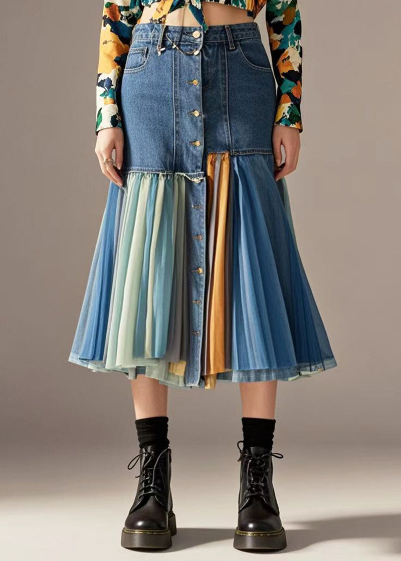 Blue Silm Fit Patchwork Denim Skirt Fall