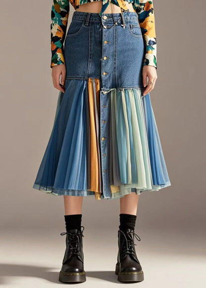 Blue Silm Fit Patchwork Denim Skirt Fall