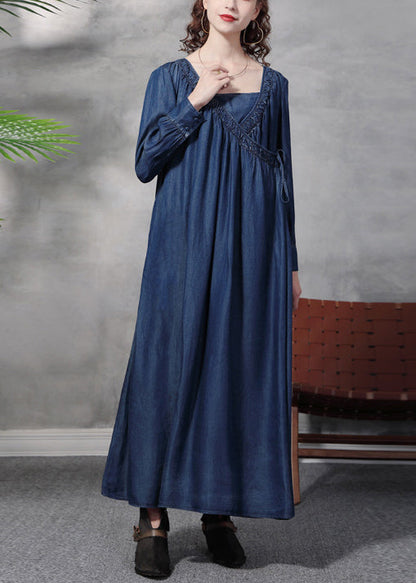 Blue Square Collar Tie Waist Cotton Dresses Long Sleeve