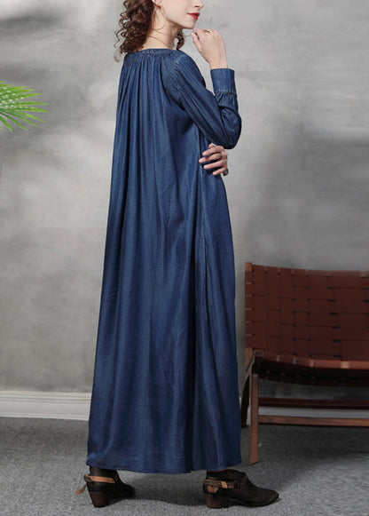 Blue Square Collar Tie Waist Cotton Dresses Long Sleeve