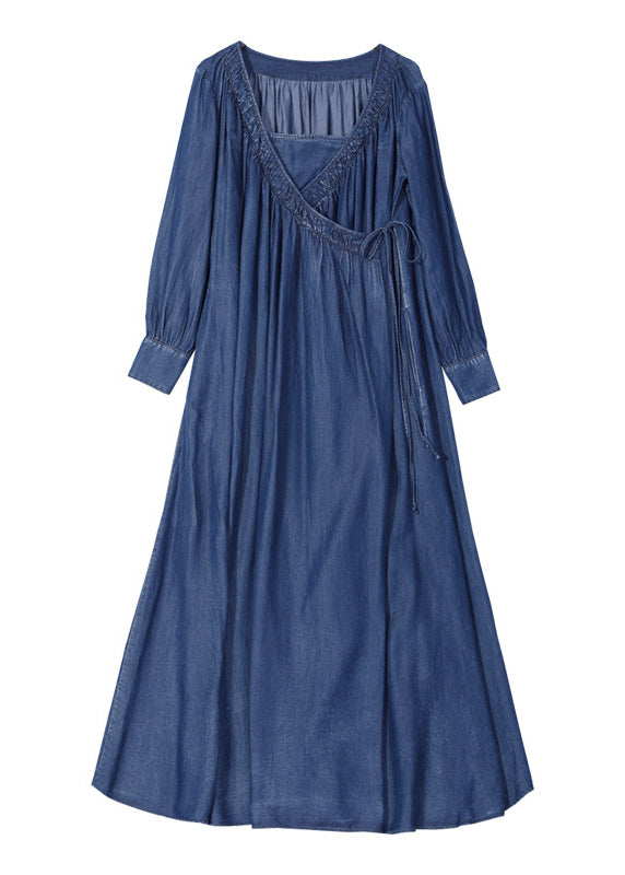 Blue Square Collar Tie Waist Cotton Dresses Long Sleeve