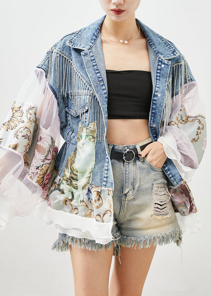 Blue Tasseled Patchwork Tulle Denim Coat Lantern Sleeve