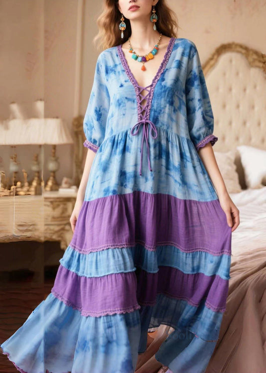 Blue Tie Dye Patchwork Cross Strap Holiday Dress Summer