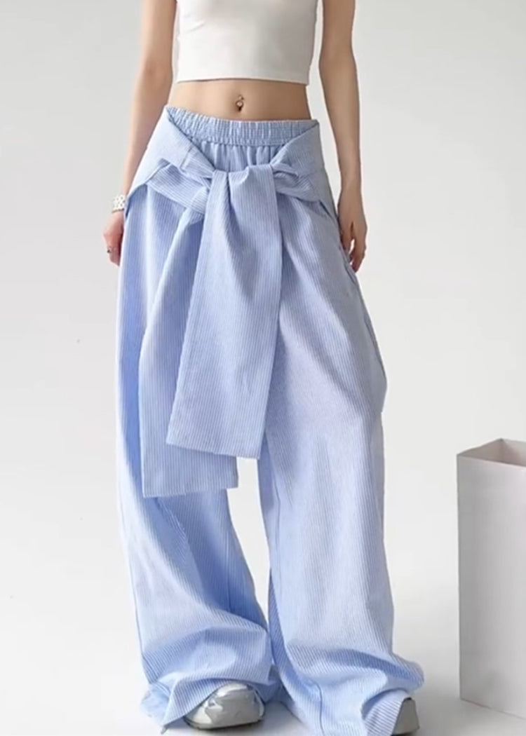 Blue Tie Waist Detachable Striped Straight Pants Spring