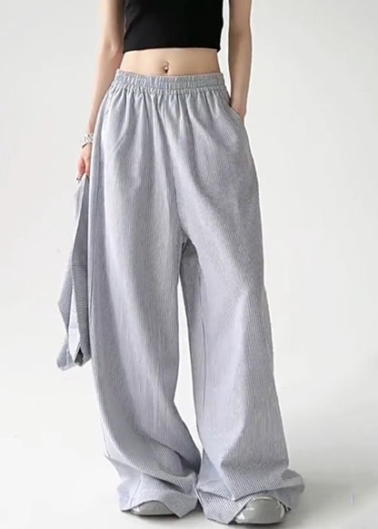Blue Tie Waist Detachable Striped Straight Pants Spring