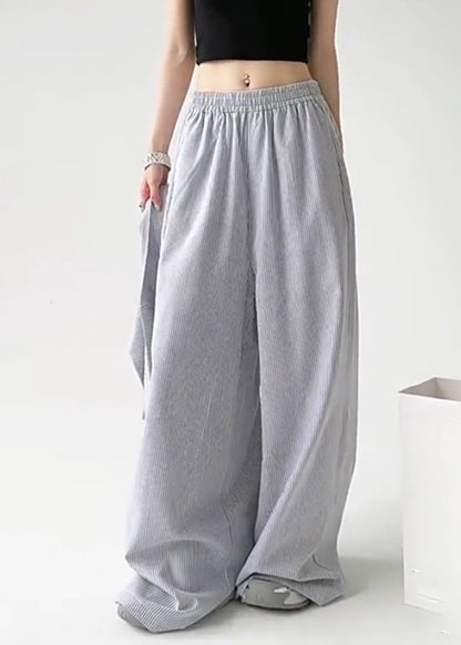 Blue Tie Waist Detachable Striped Straight Pants Spring