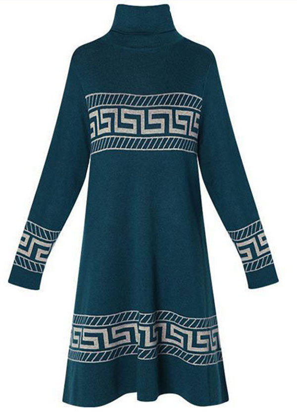 Blue Turtle Neck Thick Print Long Sweater Long Sleeve