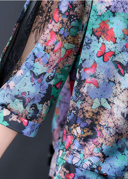 Blue V Neck Butterfly Print Lace Patchwork Silk Shirt Half Sleeve