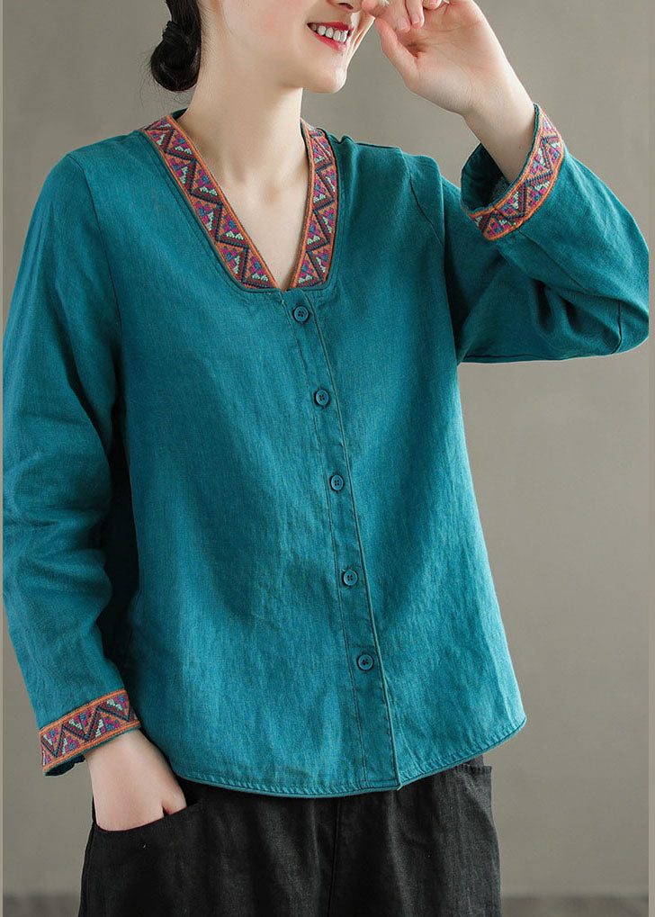 Blue V Neck Embroideried Patchwork Linen Shirts Top Spring