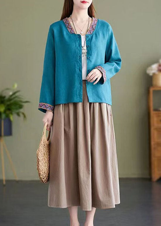 Blue V Neck Embroideried Patchwork Linen Shirts Top Spring