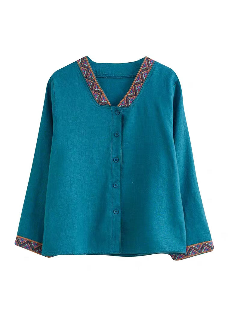 Blue V Neck Embroideried Patchwork Linen Shirts Top Spring