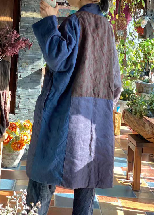 Blue V Neck Patchwork Fine Cotton Filled Coat Winter
