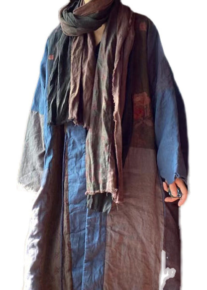 Blue V Neck Patchwork Fine Cotton Filled Coat Winter
