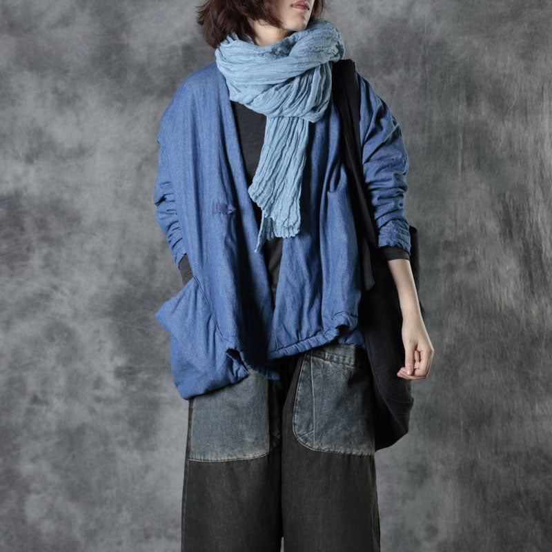 Blue V Neck Pockets Cotton Winter Long Sleeve Coat