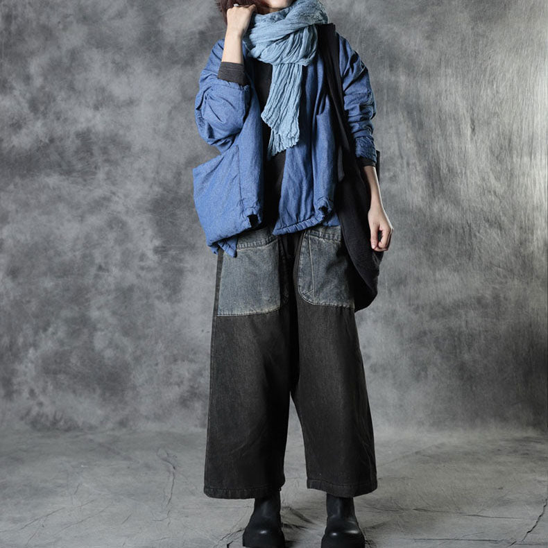 Blue V Neck Pockets Cotton Winter Long Sleeve Coat