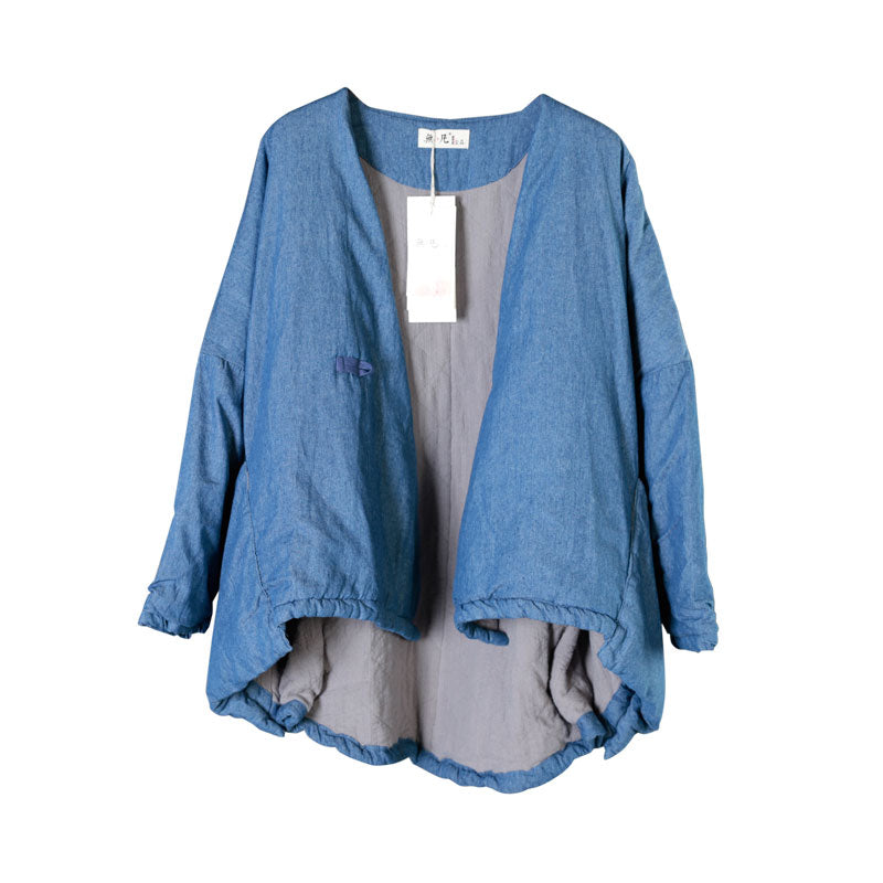 Blue V Neck Pockets Cotton Winter Long Sleeve Coat