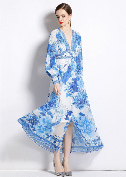 Blue V Neck Print Patchwork Chiffon Vacation Dresses Long Sleeve