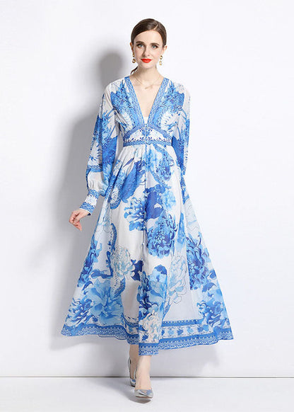Blue V Neck Print Patchwork Chiffon Vacation Dresses Long Sleeve
