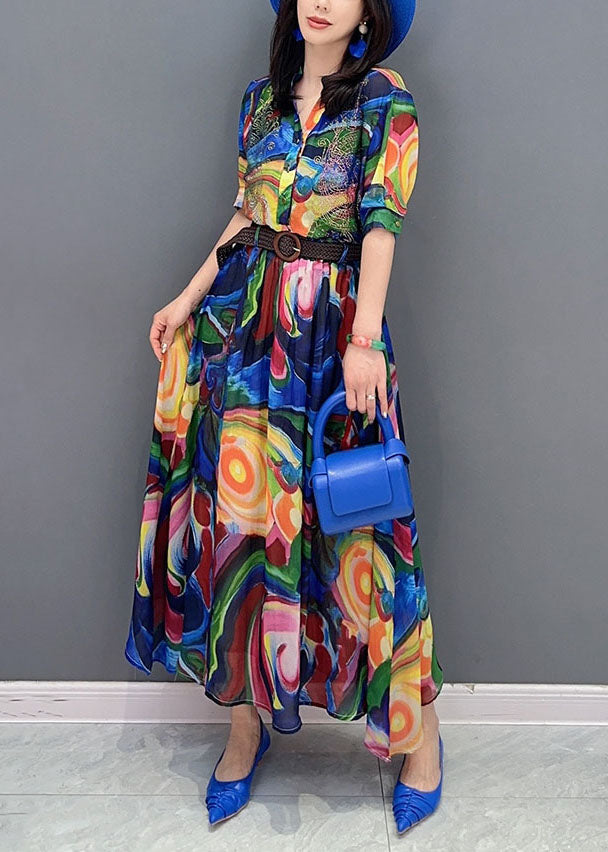 Blue Wrinkled Print Patchwork Chiffon Shirts Dresses Summer