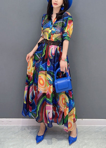 Blue Wrinkled Print Patchwork Chiffon Shirts Dresses Summer