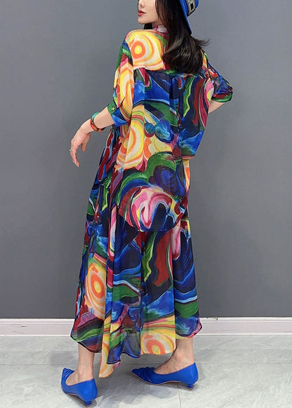 Blue Wrinkled Print Patchwork Chiffon Shirts Dresses Summer