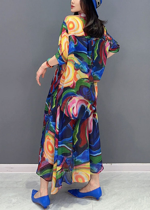 Blue Wrinkled Print Patchwork Chiffon Shirts Dresses Summer
