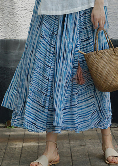 Blue Asymmetrical Design Striped Patchwork Linen Skirt Spring