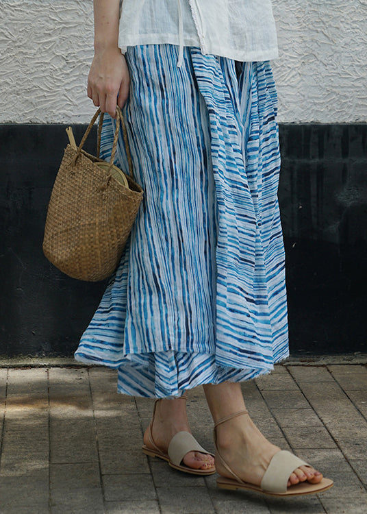 Blue Asymmetrical Design Striped Patchwork Linen Skirt Spring