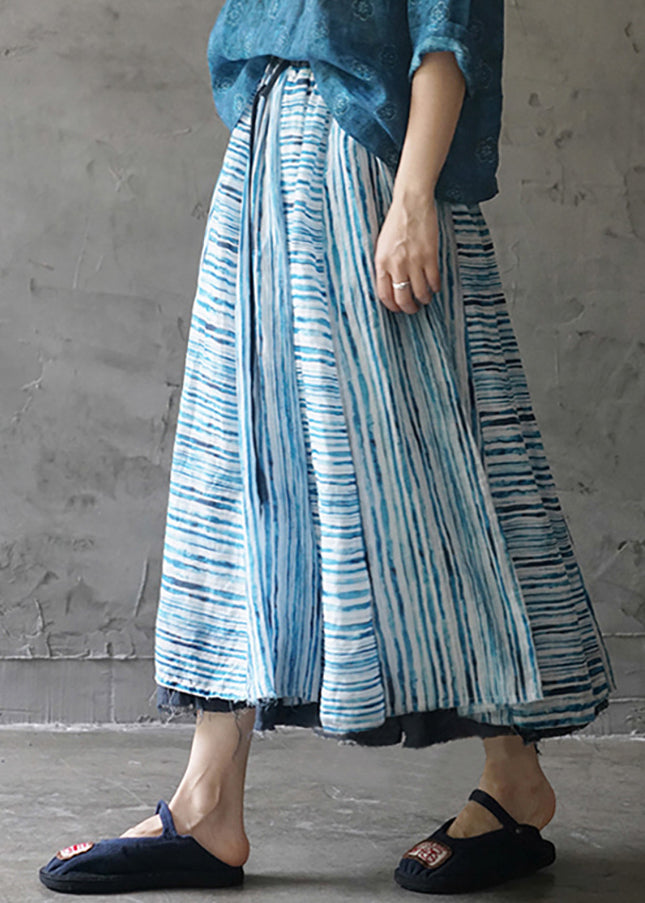 Blue Asymmetrical Design Striped Patchwork Linen Skirt Spring