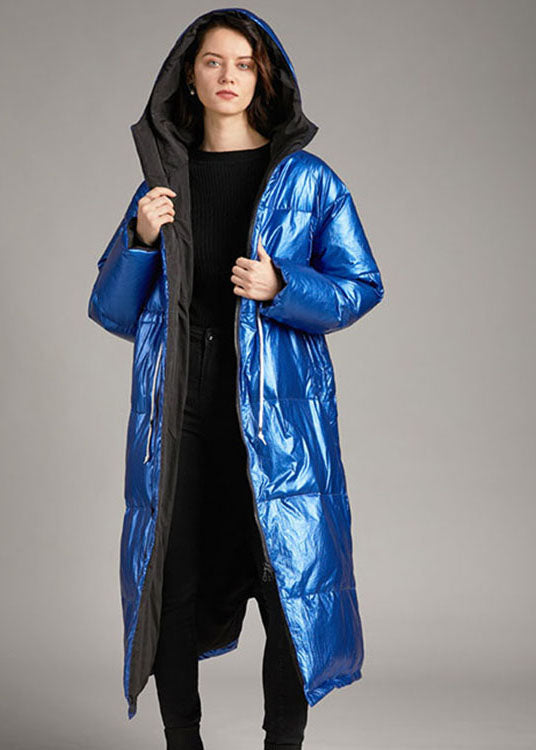 Blue Hooded Pockets Long Winter Duck Down Coat