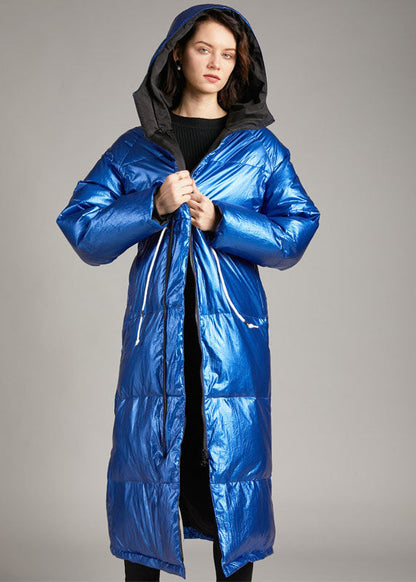 Blue Hooded Pockets Long Winter Duck Down Coat